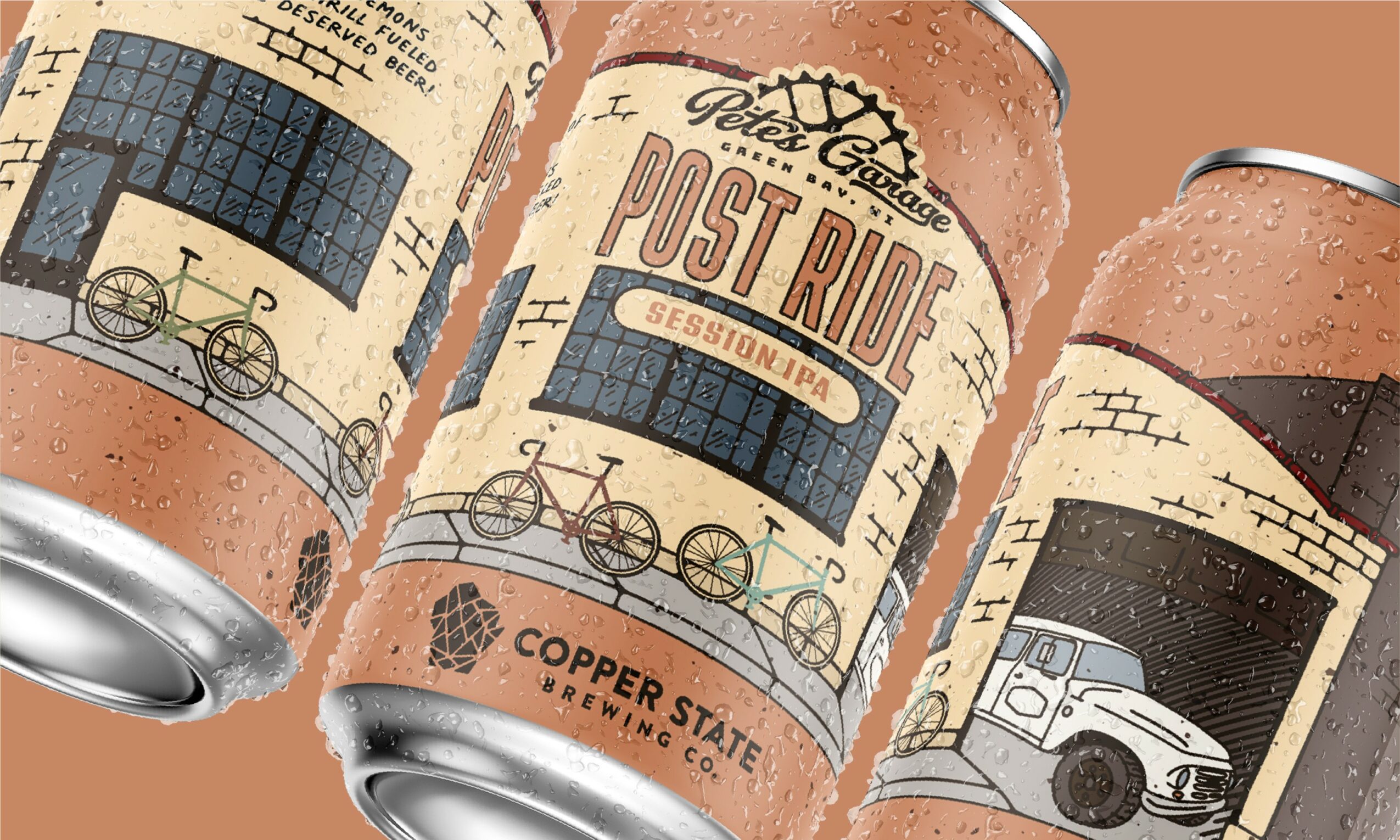 Three cans with vintage bicycle and vehicle illustrations, text, and a brick wall background, arranged on a brown surface.