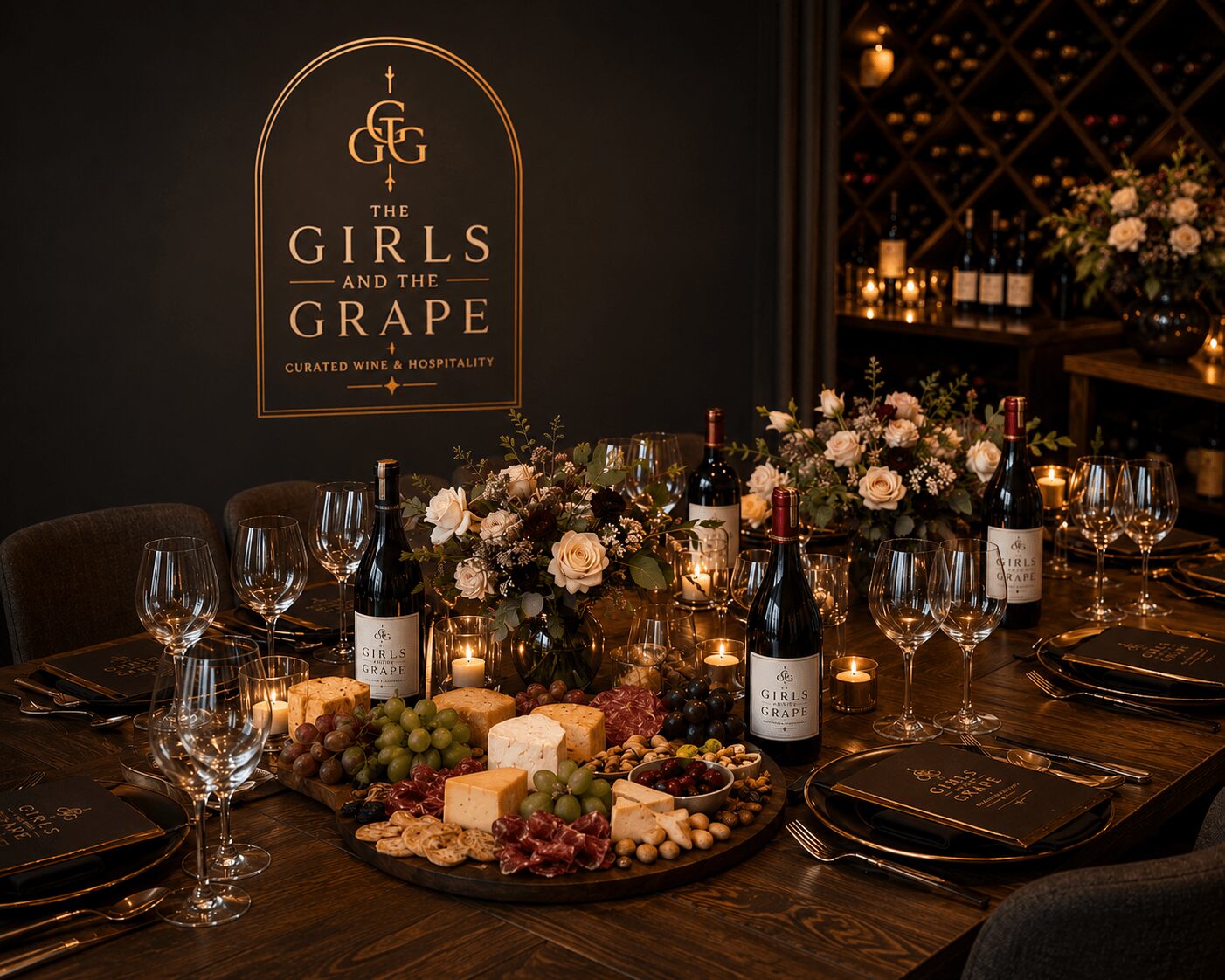 Elegant table setting with wine bottles, glasses, floral arrangements, and cheese platter for a dinner event.