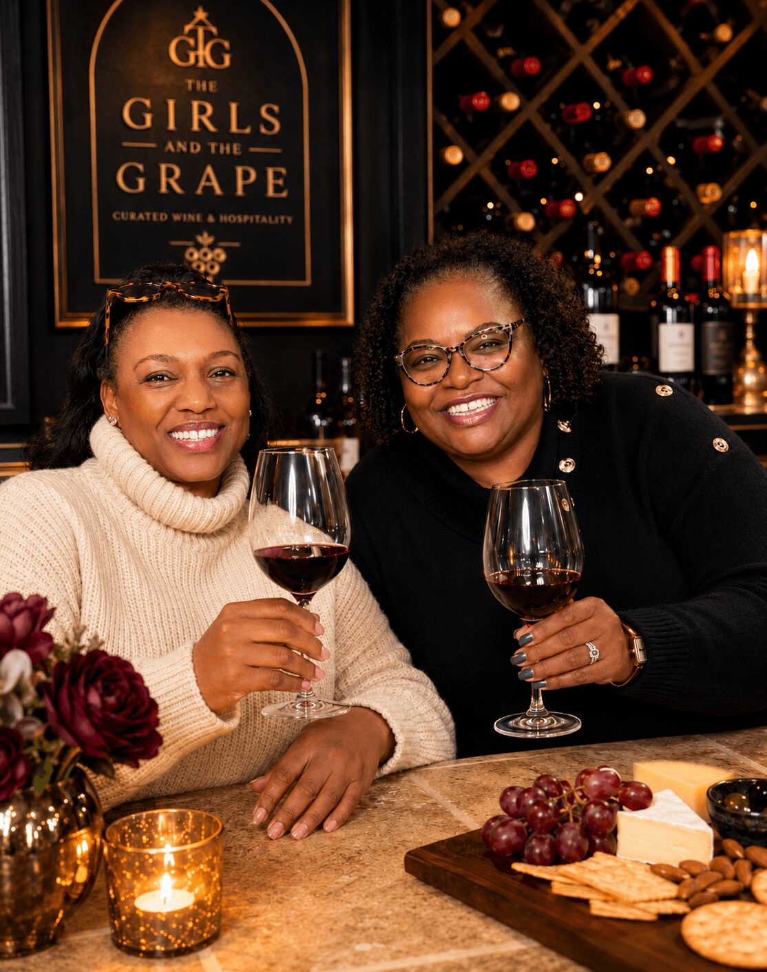 Two women smiling and holding glasses of red wine at a table with cheese, grapes, and crackers, in a wine bar setting.