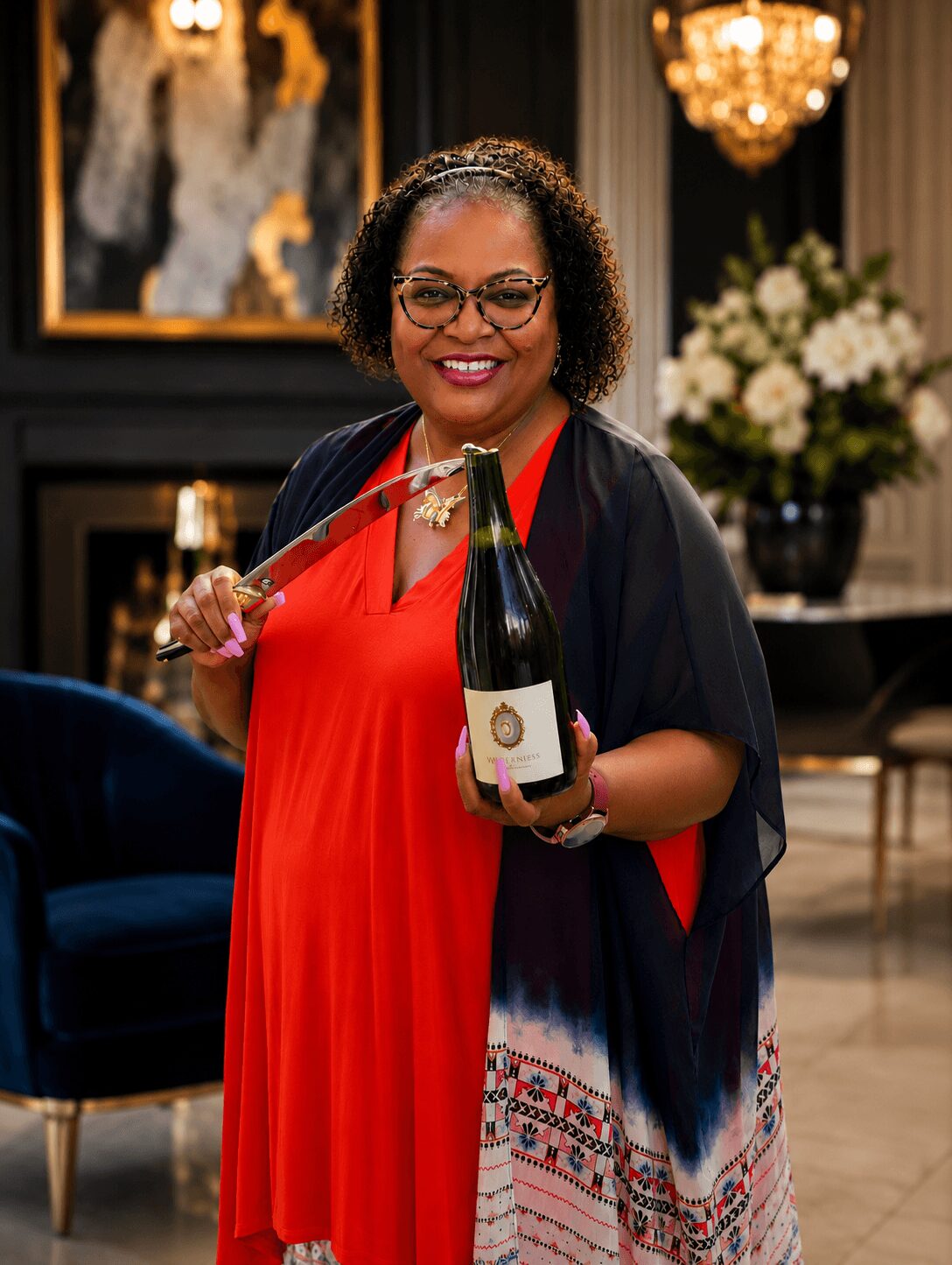 Woman in red dress holding a champagne bottle and a knife, smiling in an elegant room with chandelier and flowers.