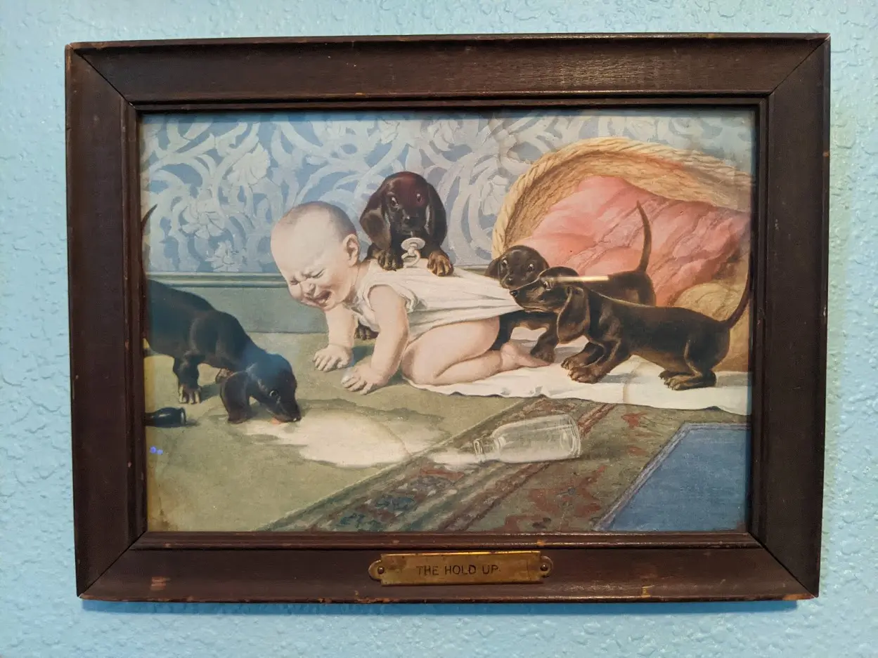 Child lying on a blanket surrounded by black cats, with a large pink object in the background.