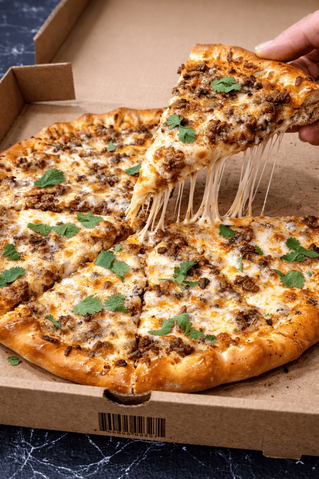 Person lifting a slice of cheese and meat pizza with melted cheese stretching, in a cardboard box.
