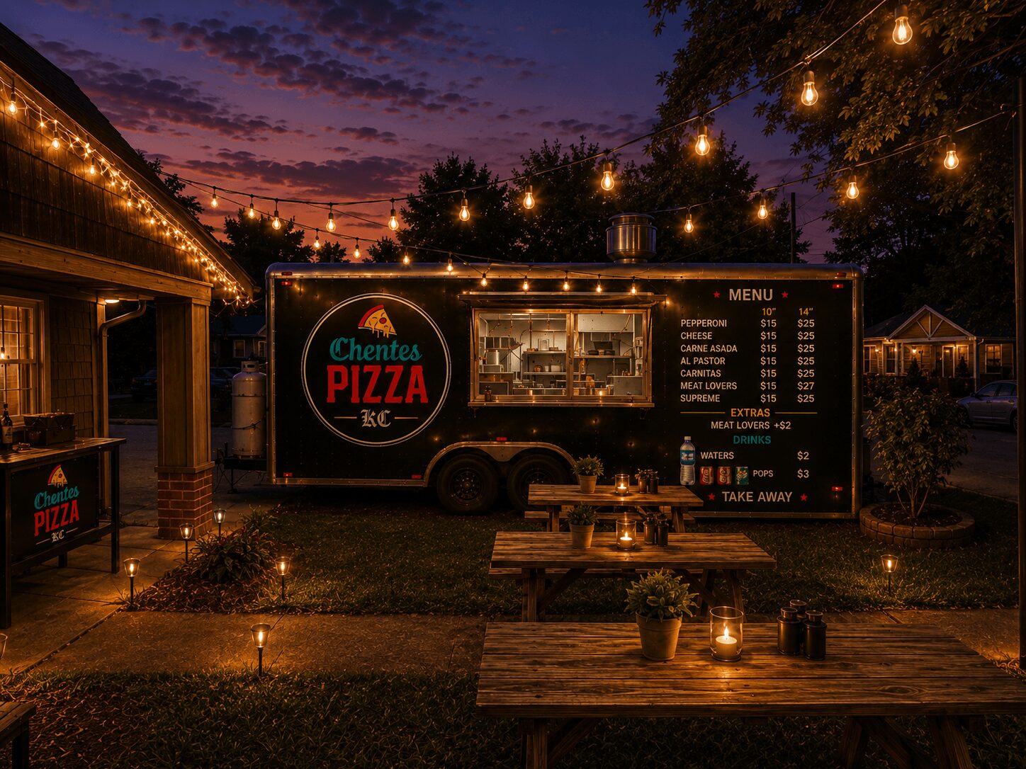 Food truck with illuminated sign and menu, outdoor seating area with tables, string lights, and a sunset sky.