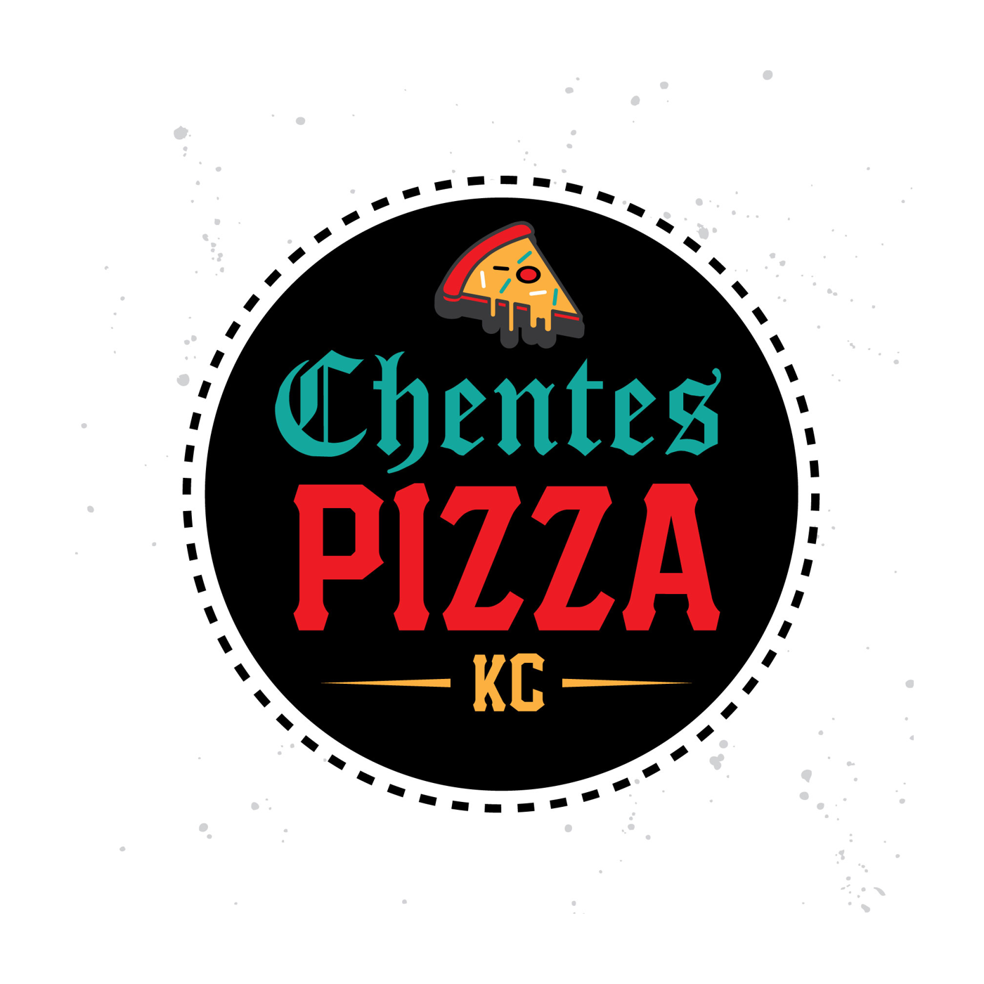 Logo with a pizza slice character, text 'Chentes PIZZA KC', black background, circular design, colorful elements.