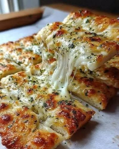 Close-up of a cheesy, baked pasta dish with melted cheese stretching between slices, sprinkled with herbs.