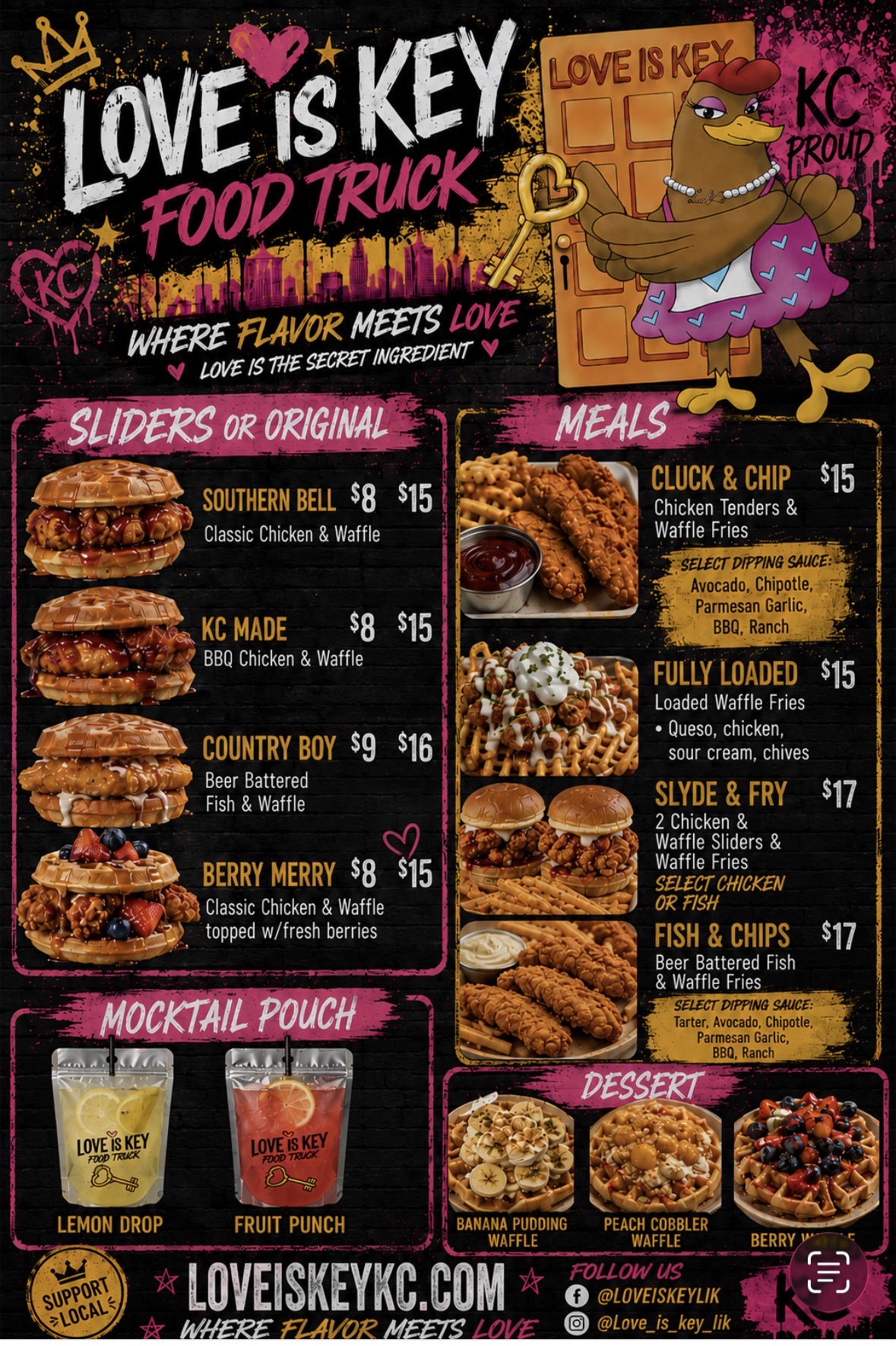 Food truck menu with colorful text and images of food items, including chicken, fries, and desserts, on a pink background.
