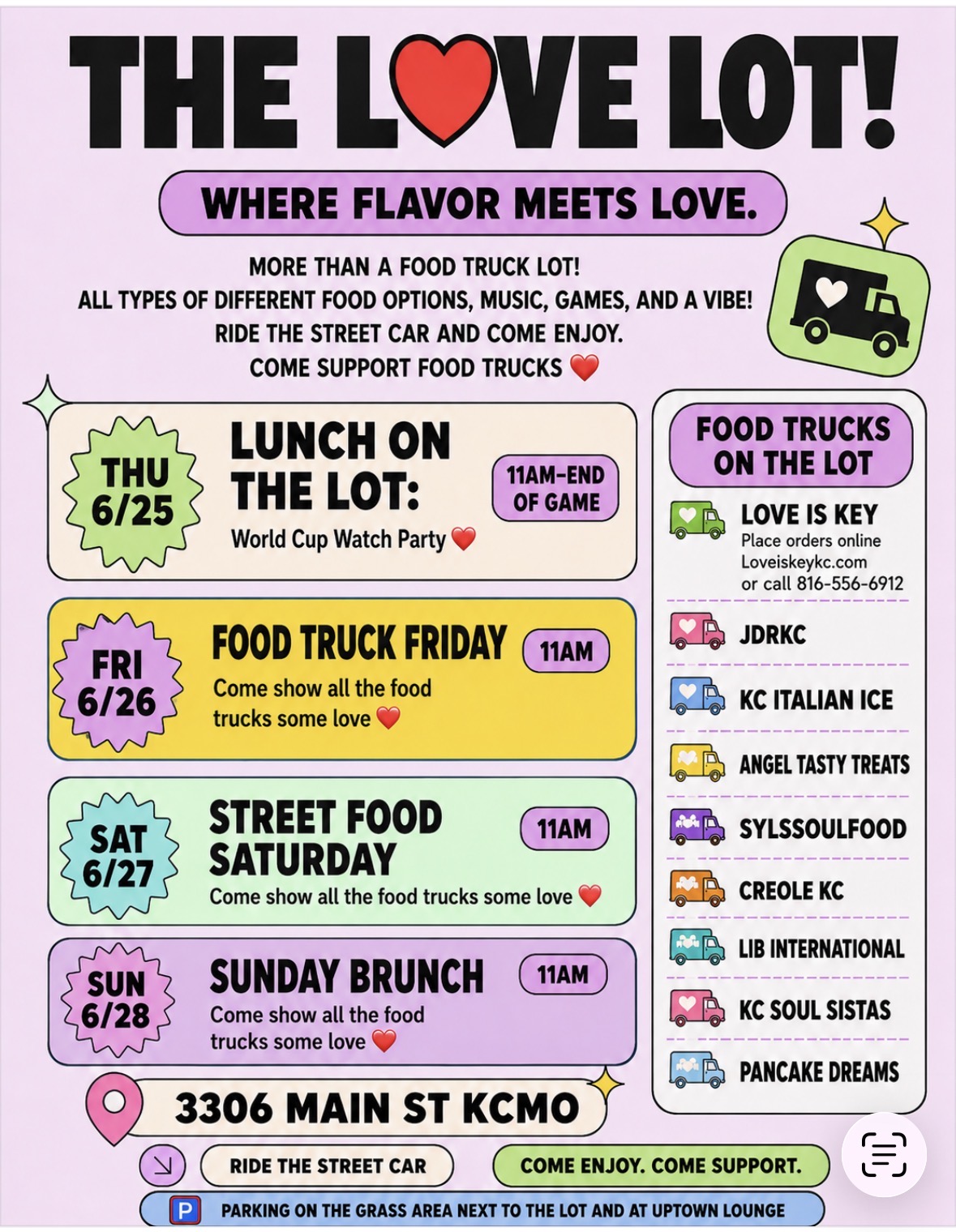 Event schedule with food trucks, themed days, and activities for June 25-28, 2023, including lunch, brunch, and food truck fun.