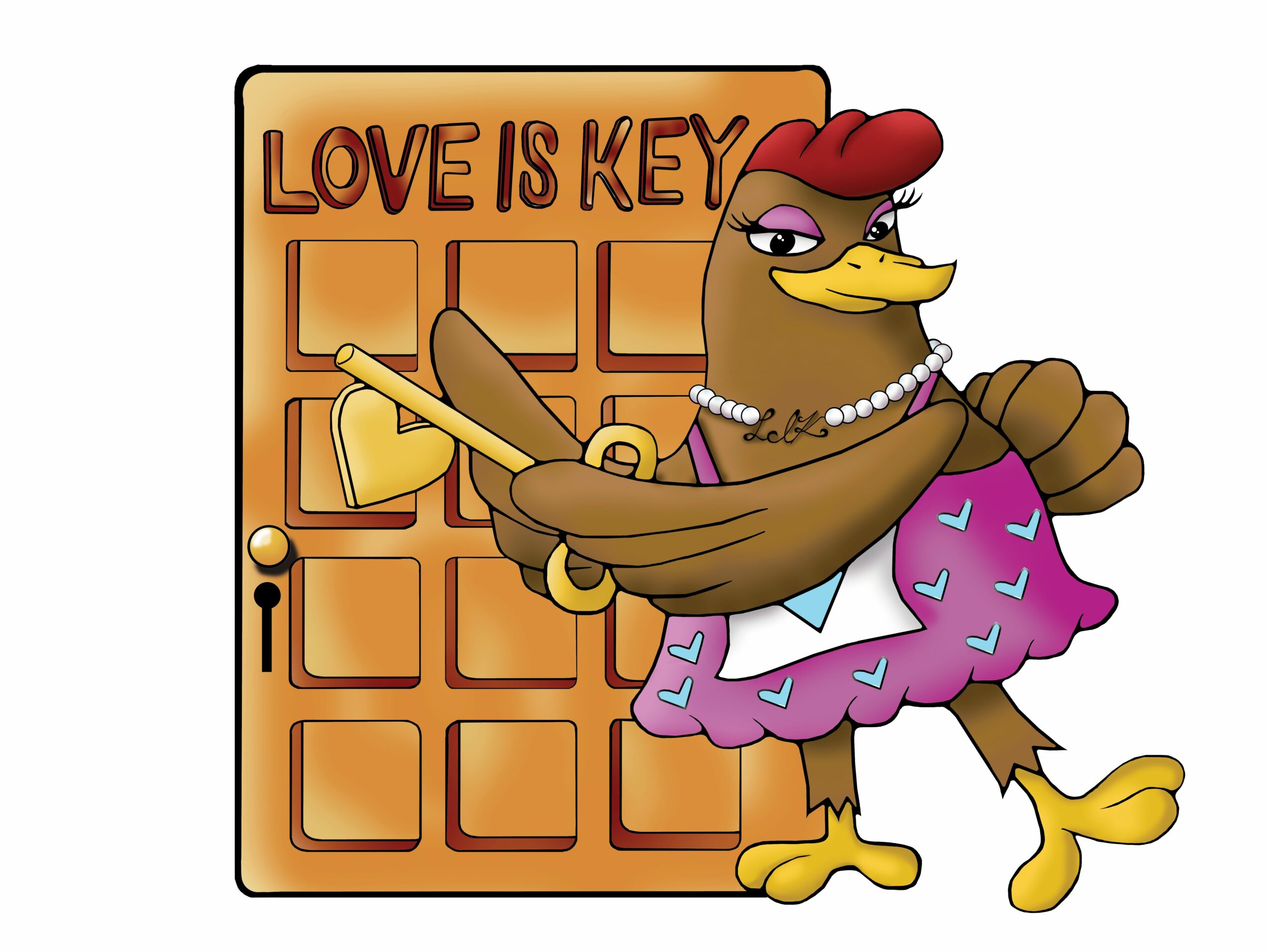 A cartoon chicken wearing a pink dress with hearts, a pearl necklace, and a red hat, pointing at a love-themed key lock board.