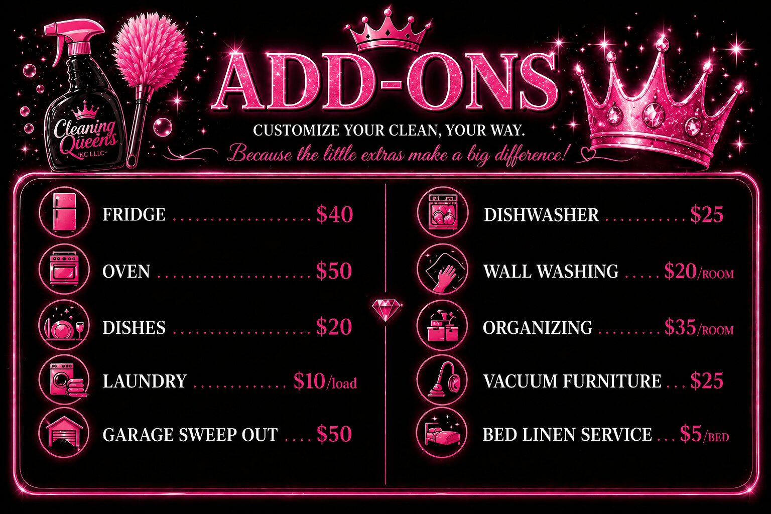 Pink and black sign listing add-on services with prices, including fridge, oven, dishes, laundry, dishwasher, wall washing, and more.