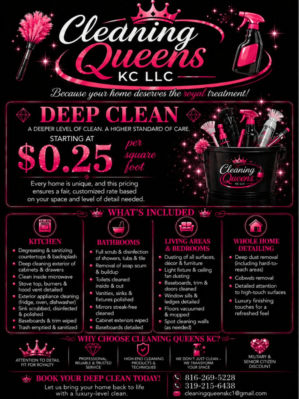 Business card for Cleaning Queens KC LLC with pink and black design, featuring cleaning tools, services, and contact information.