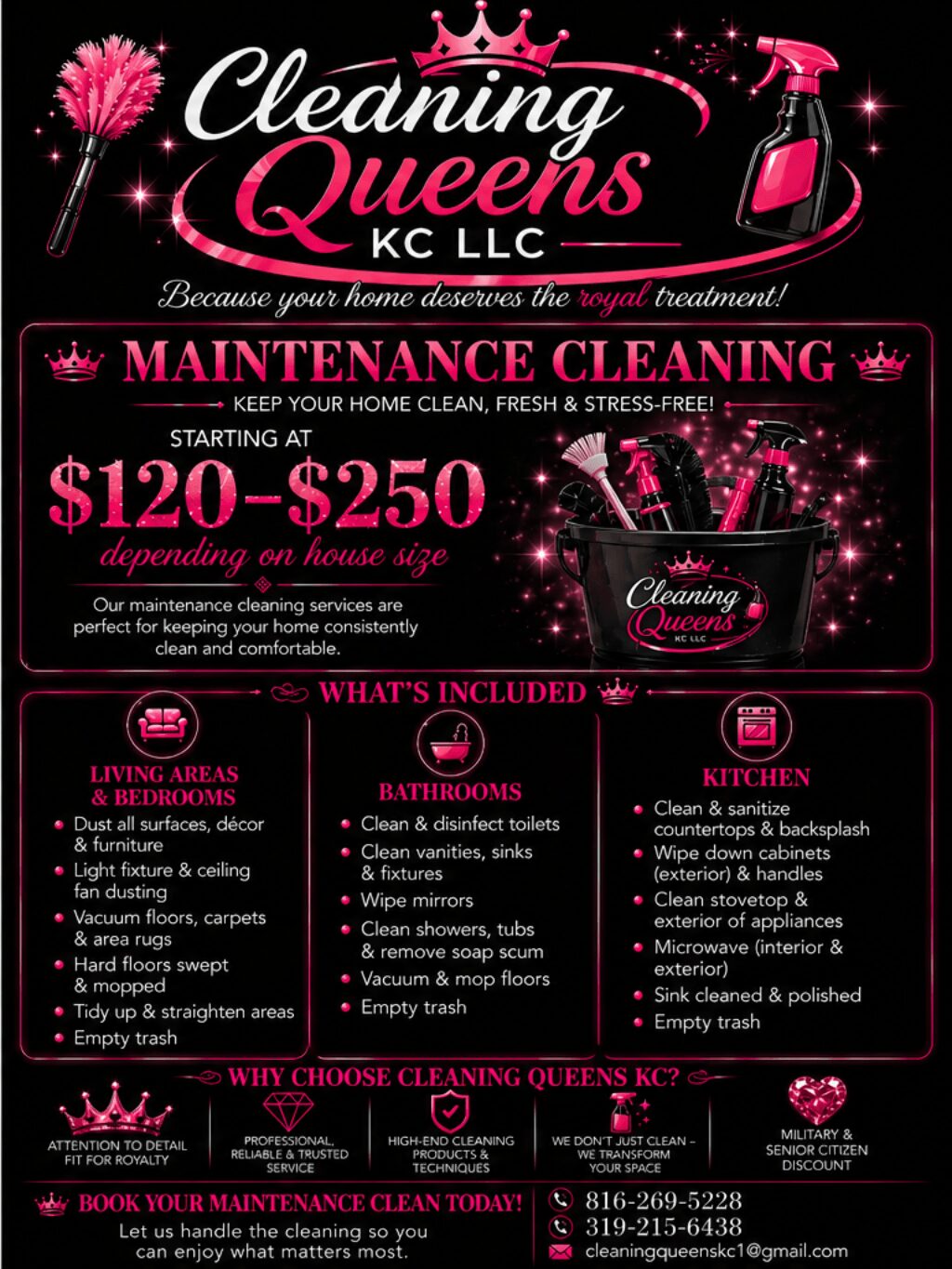 Cleaning Queens KC LLC maintenance cleaning advertisement with pink and black design, listing services and contact information.