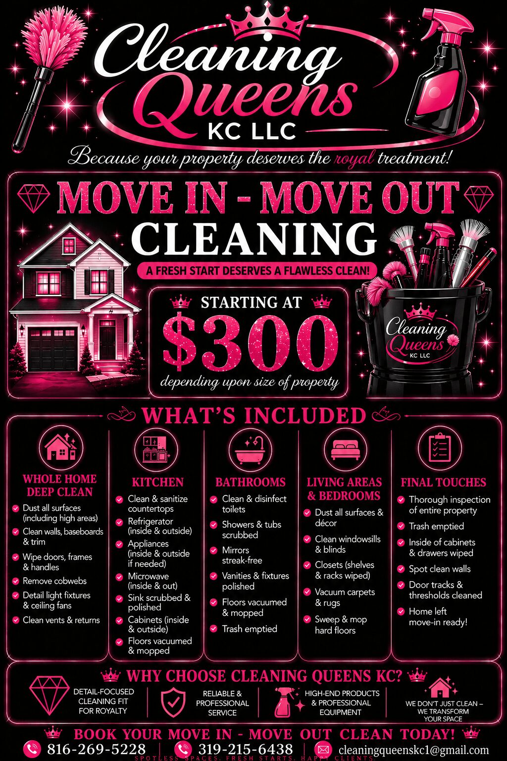 Cleaning Queens KC logo with pink and black design, promoting cleaning services starting at $300, with details on services and contact info.