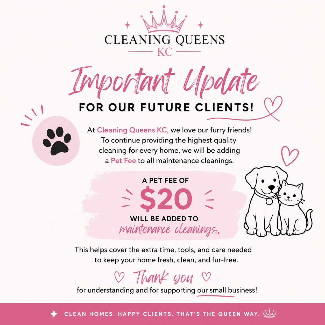 Pink and black text on white background with paw print and dog and cat illustration, update about pet cleaning fee.