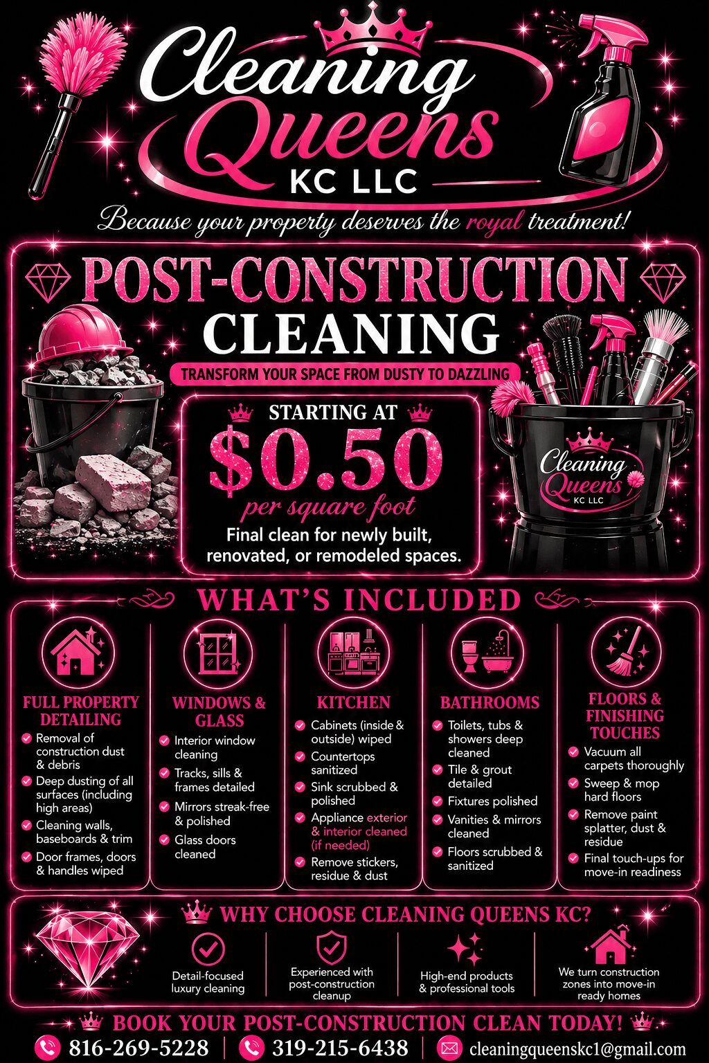 Poster advertising cleaning services with pink and black design, prices, and contact info, featuring cleaning tools and sparkles.