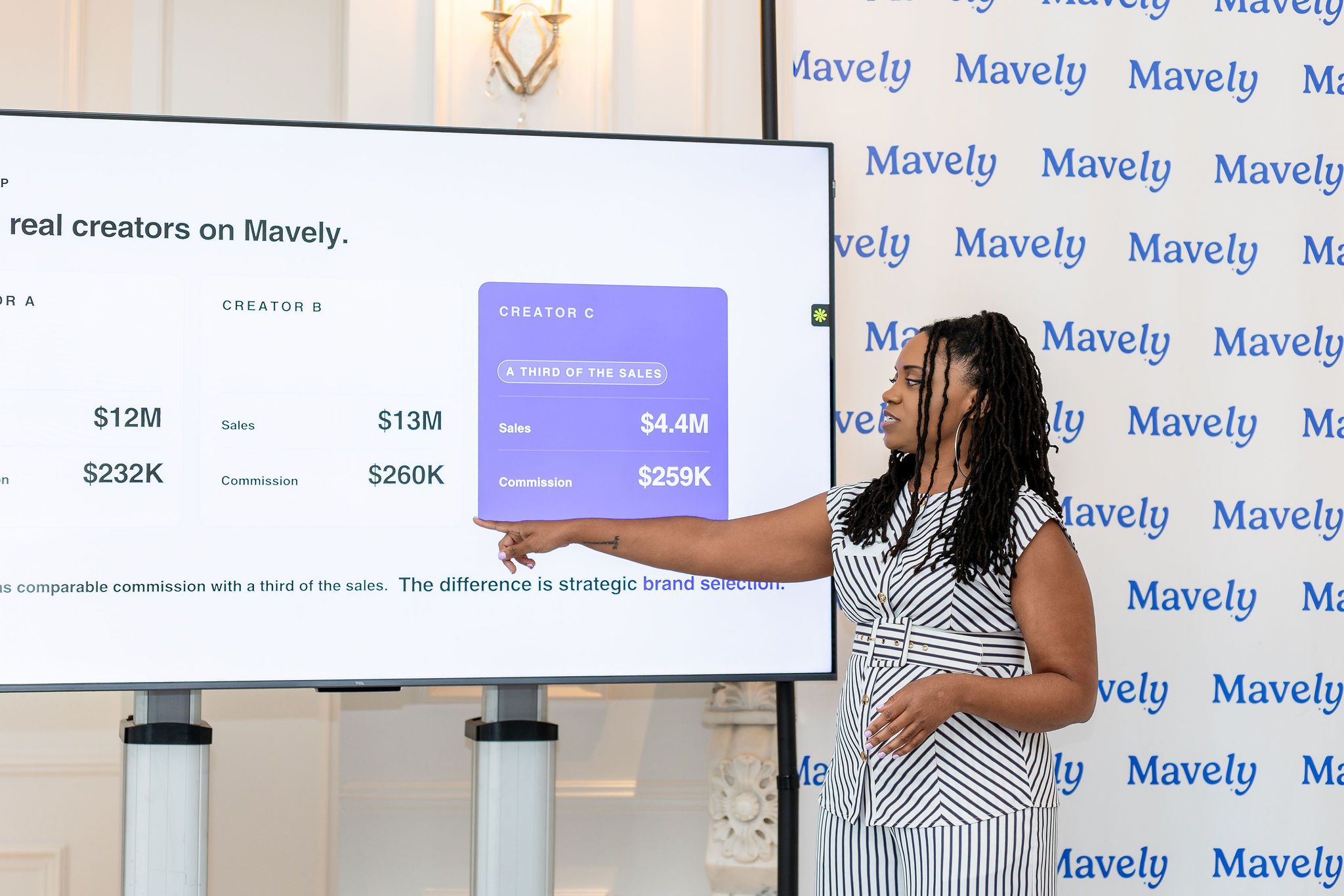 Woman with long braids points at a presentation screen in a room with Mavely banners, holding a tablet, wearing a striped dress.