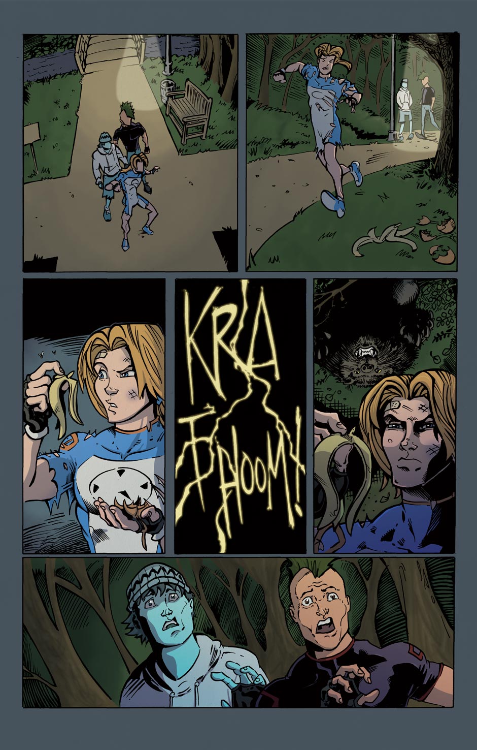 Six-panel comic with characters running, a woman with a dog, a person with a flashlight, and a spooky scene in a forest.