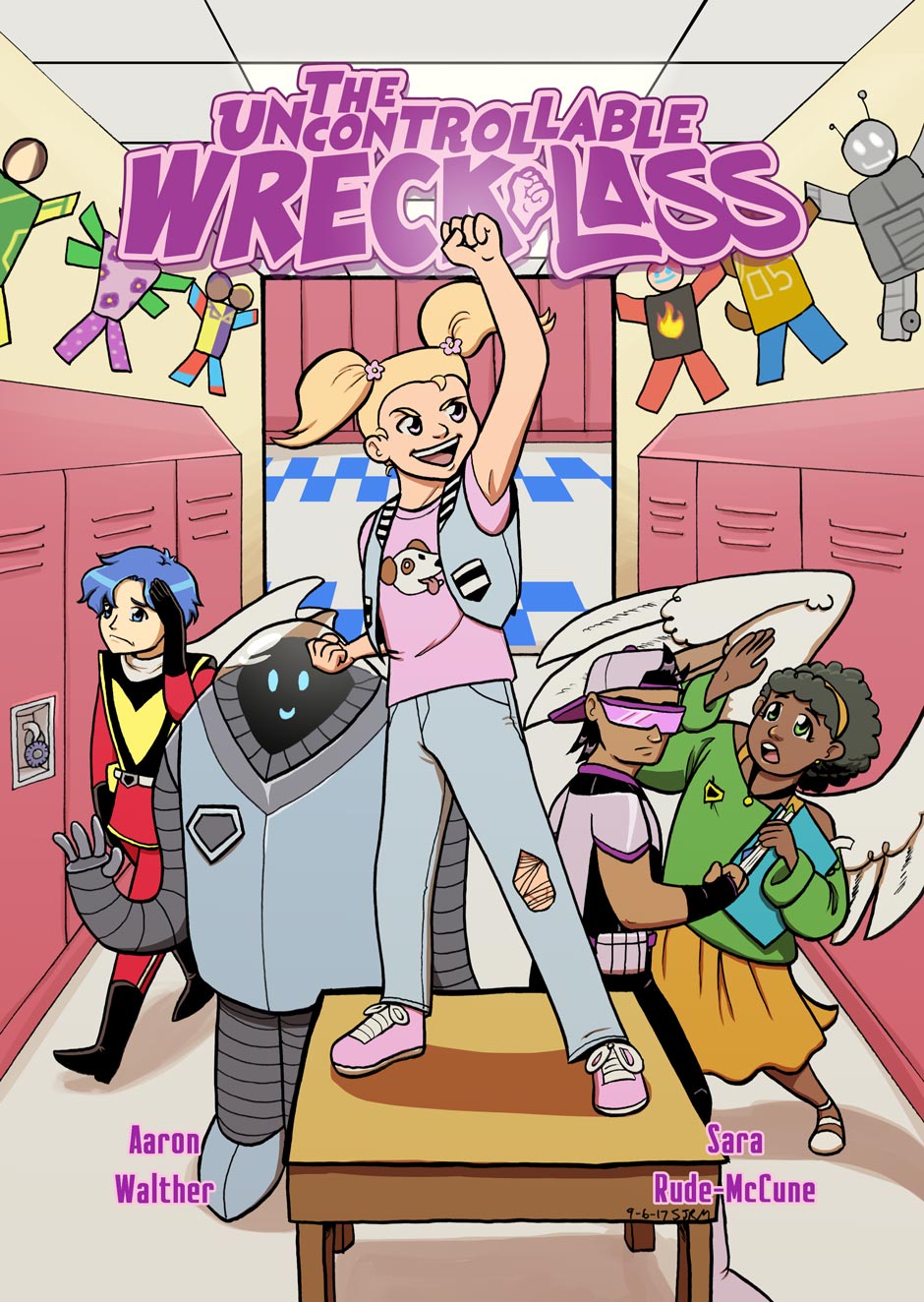 Group of animated characters in school hallway with colorful lockers and a banner reading 'The Uncontrollable Wreck Girls'.