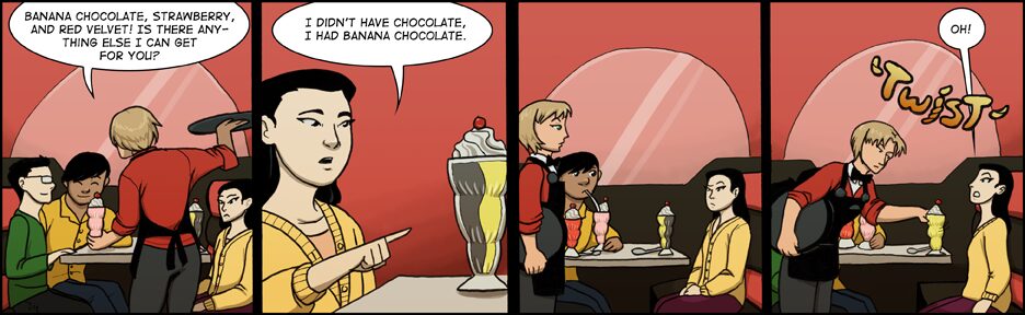Two people sit at a table in a restaurant, one holding a fork and the other a spoon, with a large ice cream sundae between them. Two other people sit nearby. Word bubble says, 'I don't have chocolate, I had banana chocolate.'