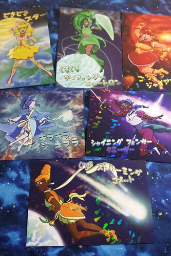 Six colorful anime-style character illustrations with Japanese text, featuring characters in dynamic poses and space backgrounds.