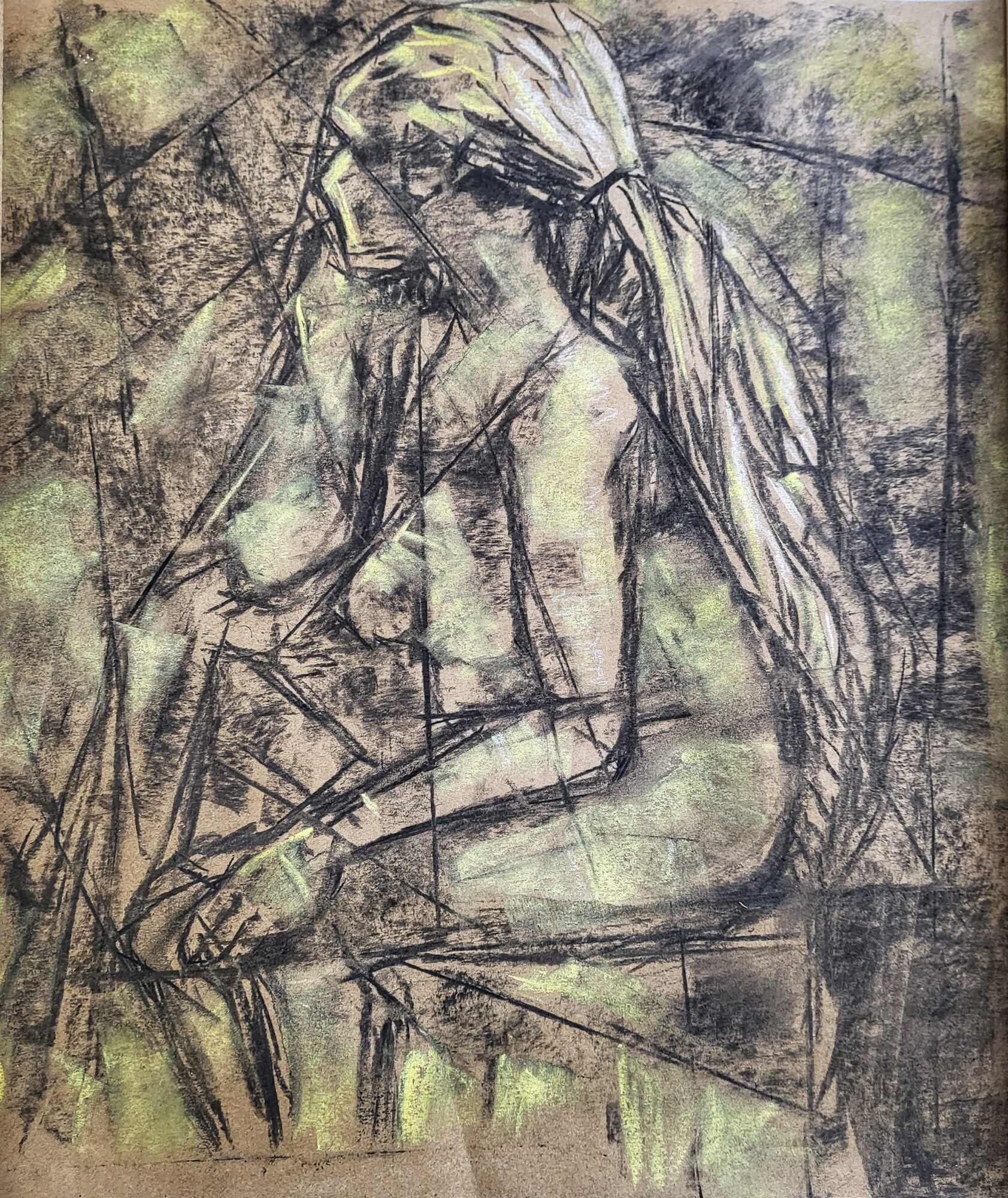 Sketch of a seated woman with long hair, resting her head on her hand, in a contemplative pose, with a textured background.