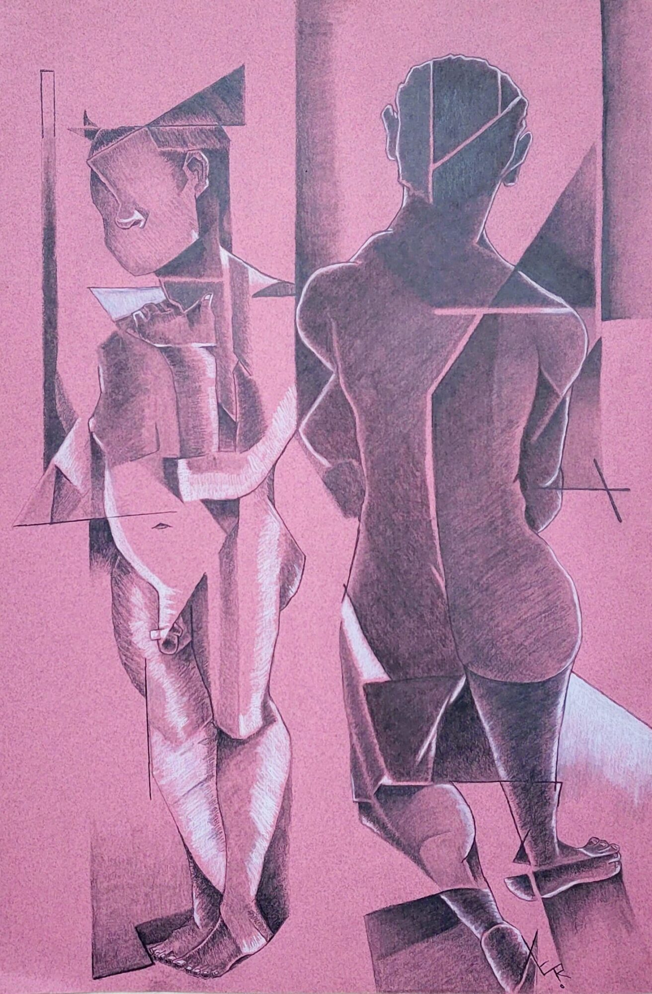 Abstract pink-toned artwork of two women with fragmented, geometric shapes, facing away from each other, in a stylized setting.