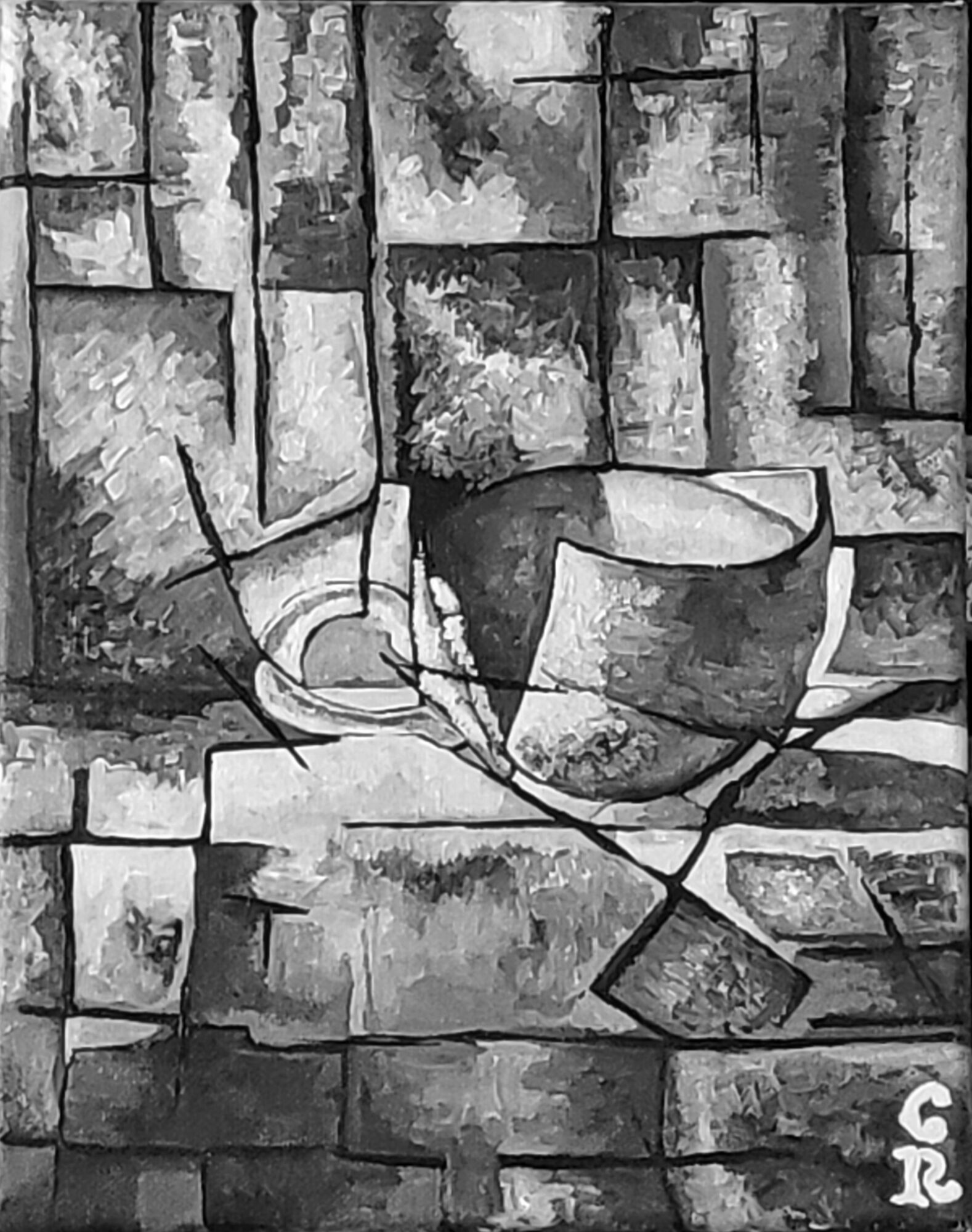 Black and white painting of a still life with a bowl, cup, and brick wall background.