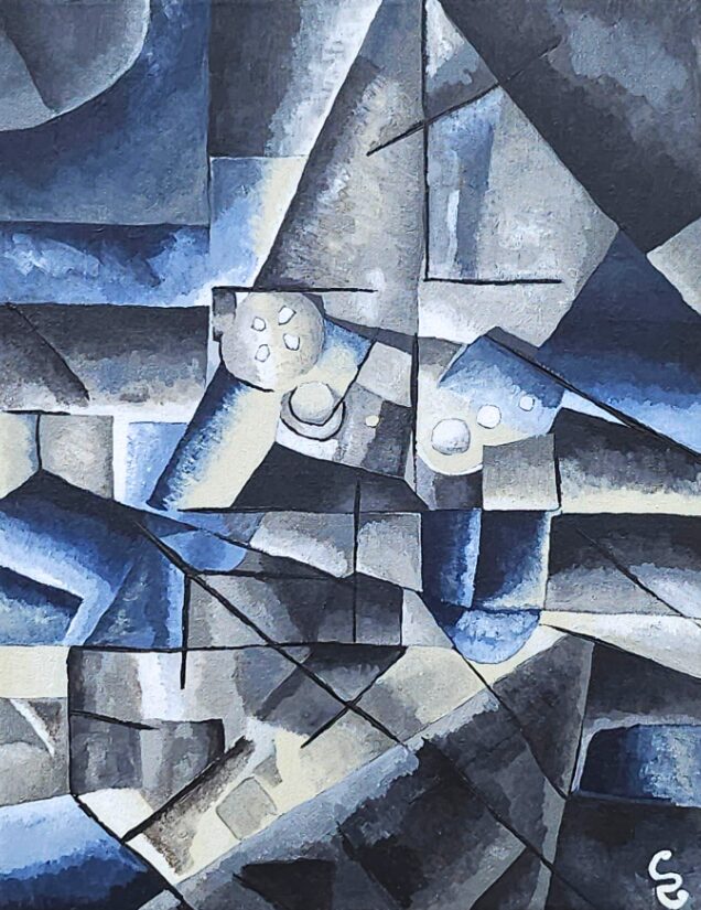 Abstract painting with blue, gray, and black geometric shapes and lines, resembling a fragmented scene or object.