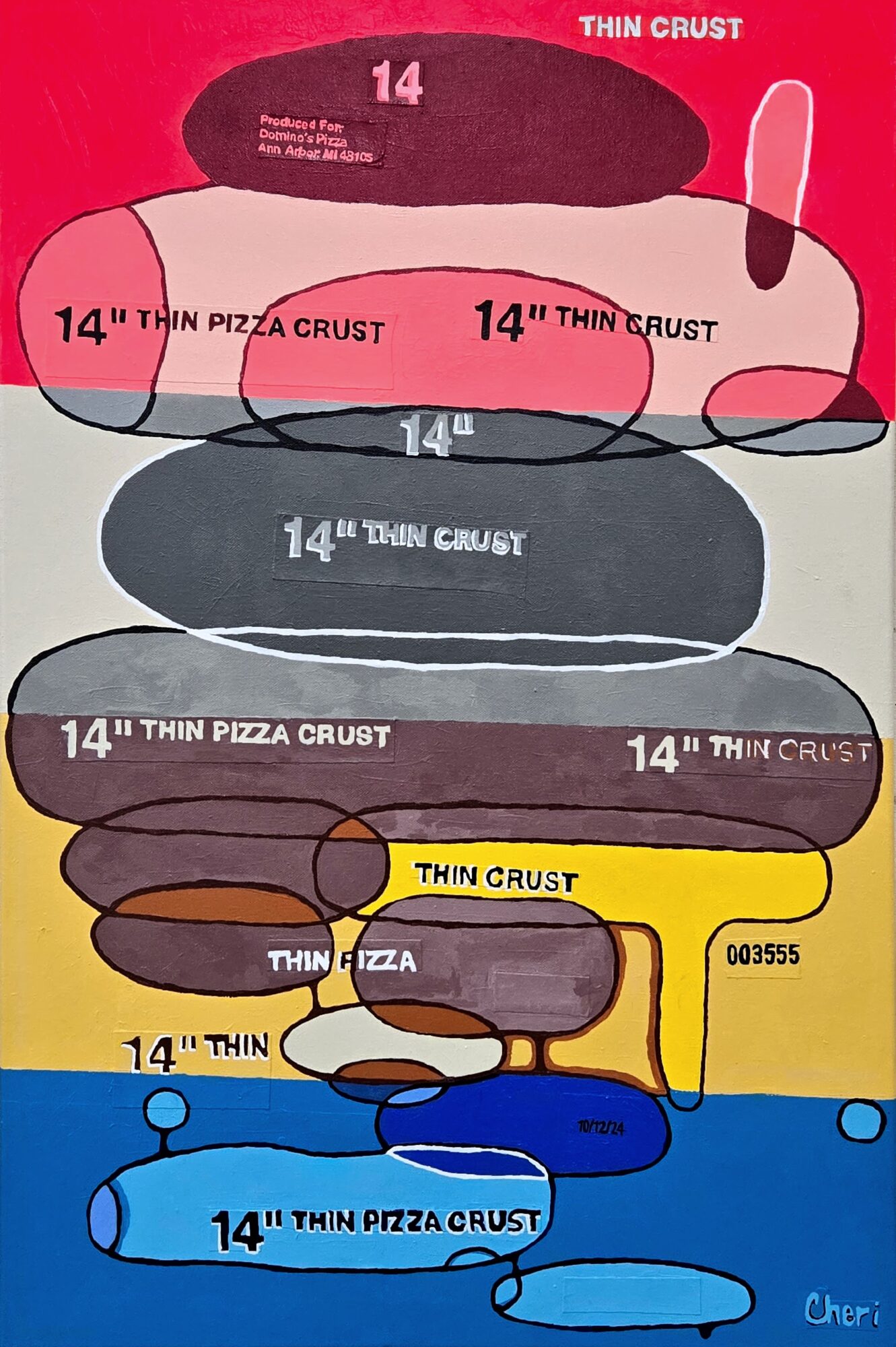 Illustration of multiple pizza slices with labels, including thin crust and 14-inch sizes, in various colors and layers.