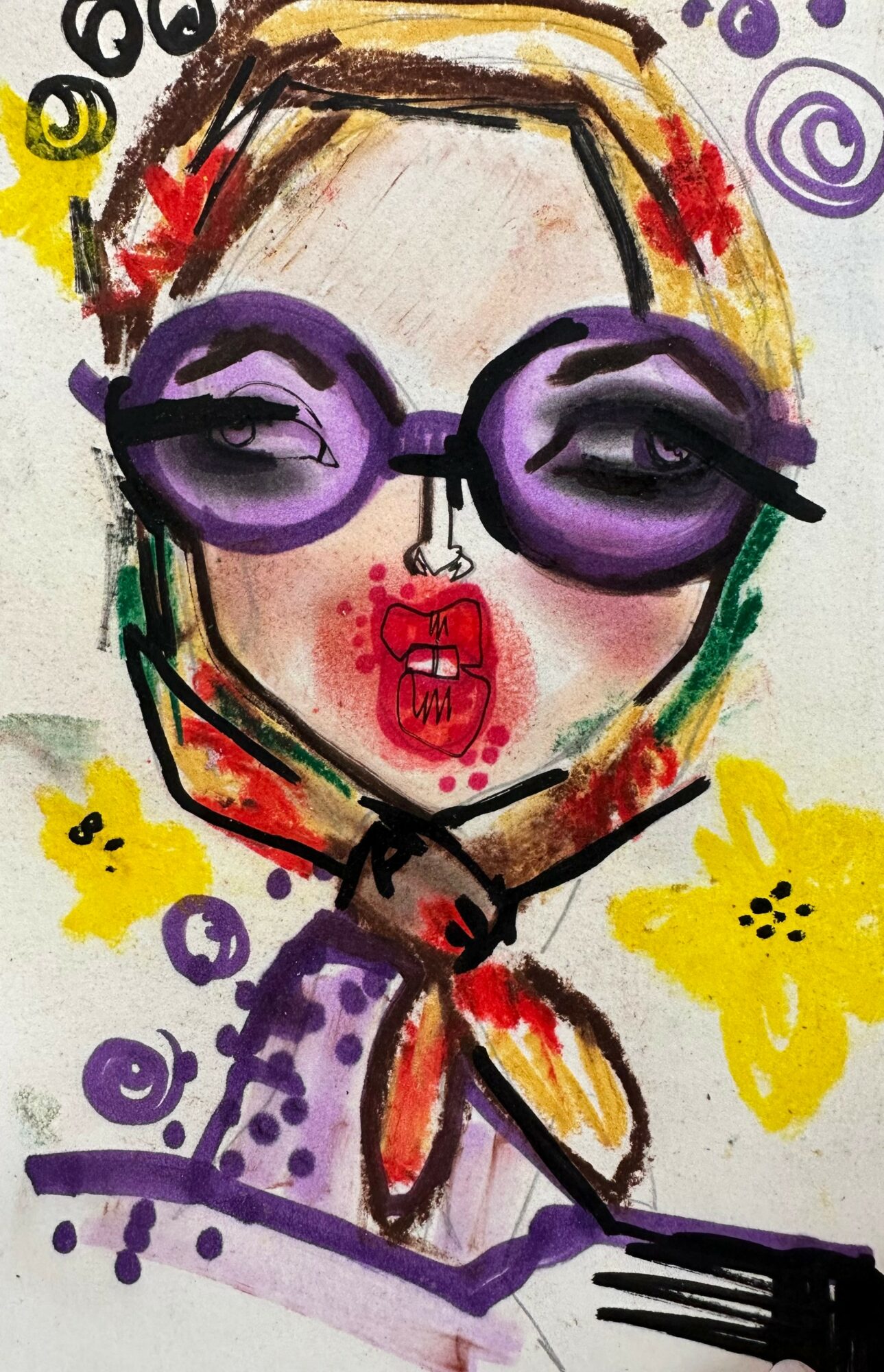 Drawing of a person with purple glasses, red lips, and a headband, surrounded by colorful swirls and a yellow butterfly.