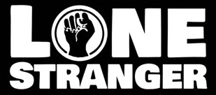 Text with a raised fist symbol reading 'LONE STRANGER' in white on black background.