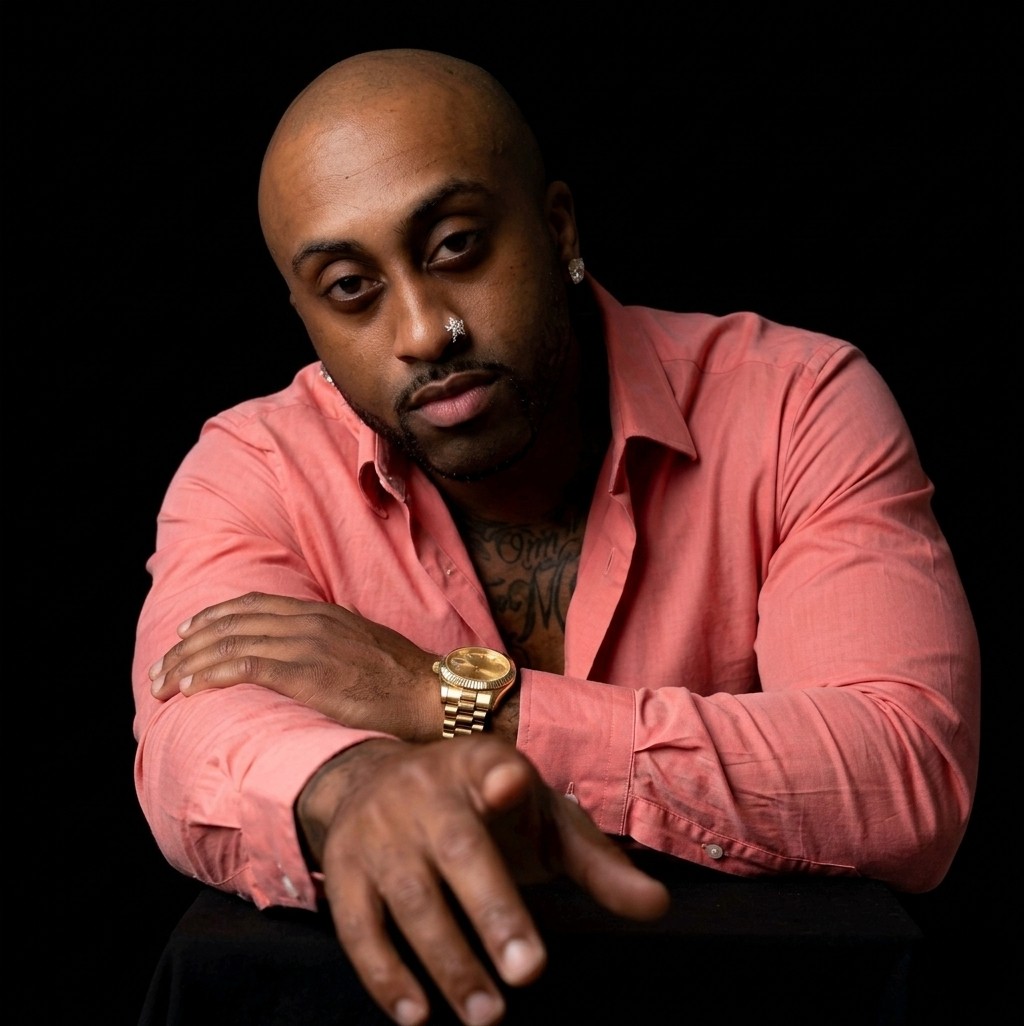 Man with a shaved head and gold watch, wearing a pink shirt, looking at the camera against a black background.