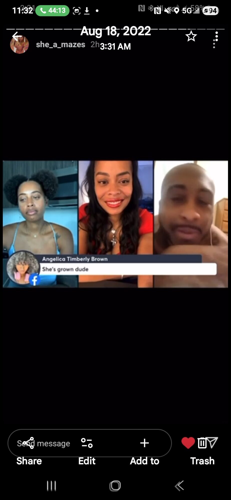 Three people in separate video call windows, smiling, with a black background and interface icons visible.