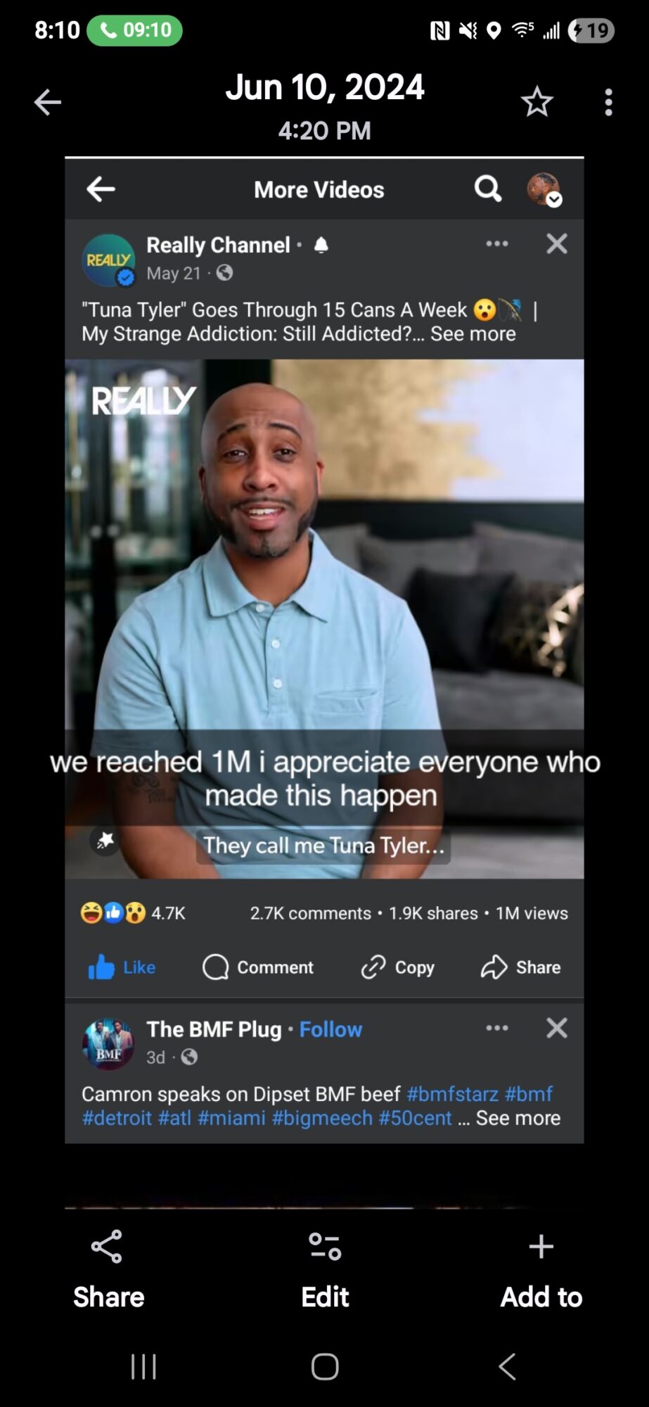 Person with a beard and blue shirt smiling in a living room, text overlay about reaching 1 million, June 10, 2024.