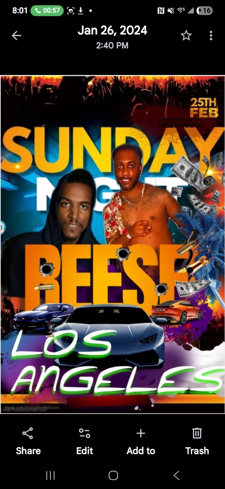 Promotional poster for a Sunday event featuring two men, cars, and colorful graphics, with text including 'Sunday,' 'Reese,' and 'Los Angeles.'