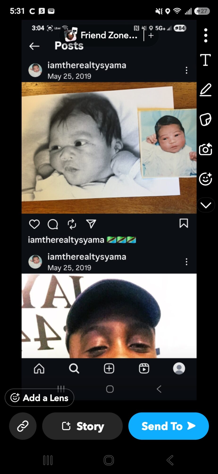 Screenshots of social media posts showing a black-and-white photo of a newborn and a color photo of a person wearing a cap.