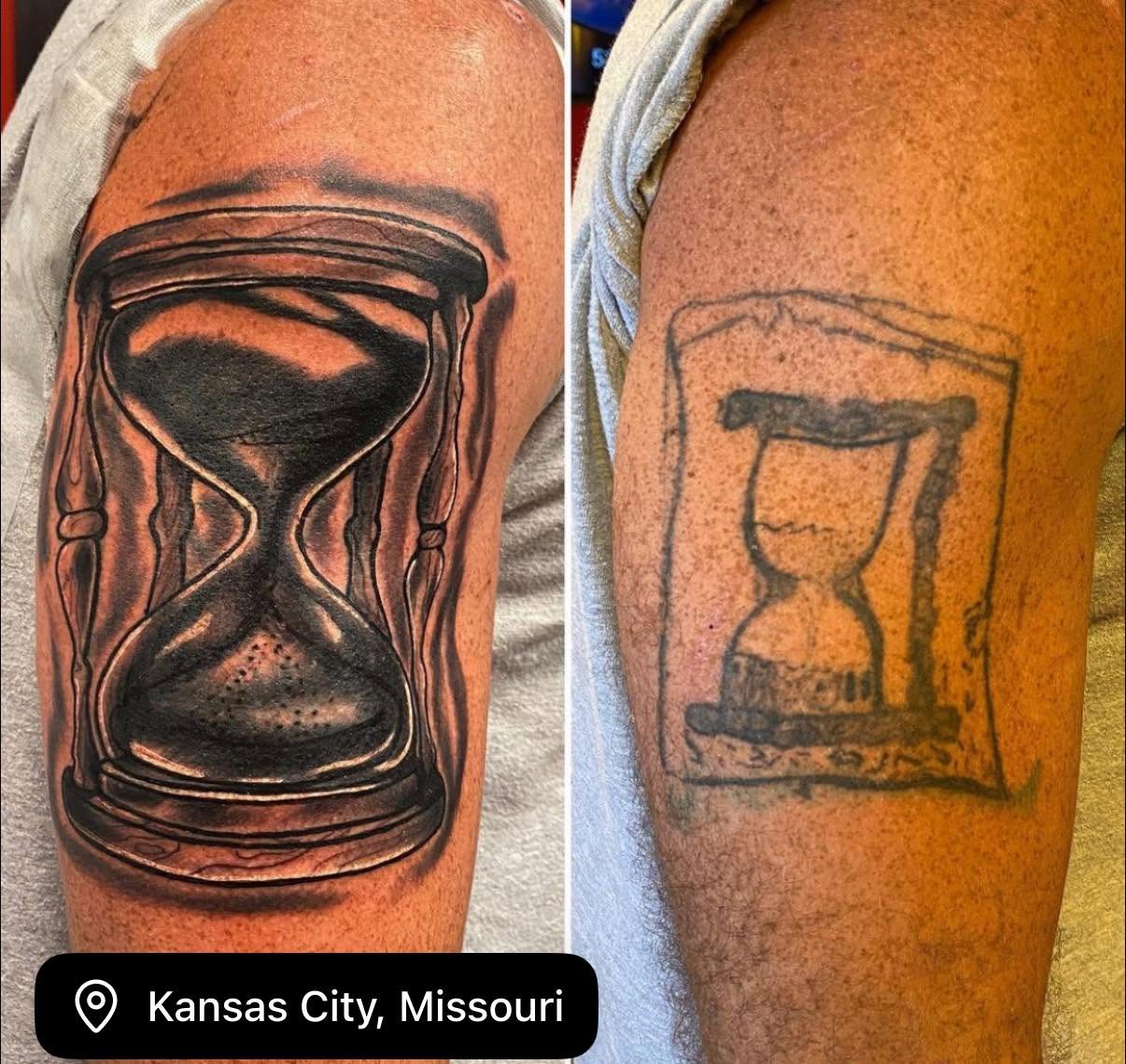 Tattoo of an hourglass with sand, detailed and shaded, on person's upper arm, Kansas City, Missouri.