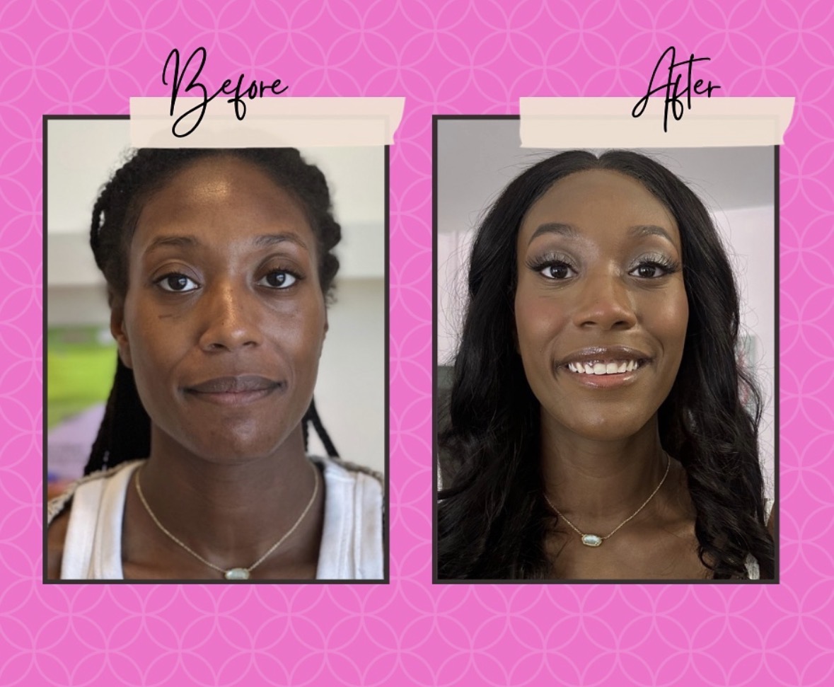 Side-by-side comparison of a woman before and after makeup, smiling in the after photo, pink patterned background.