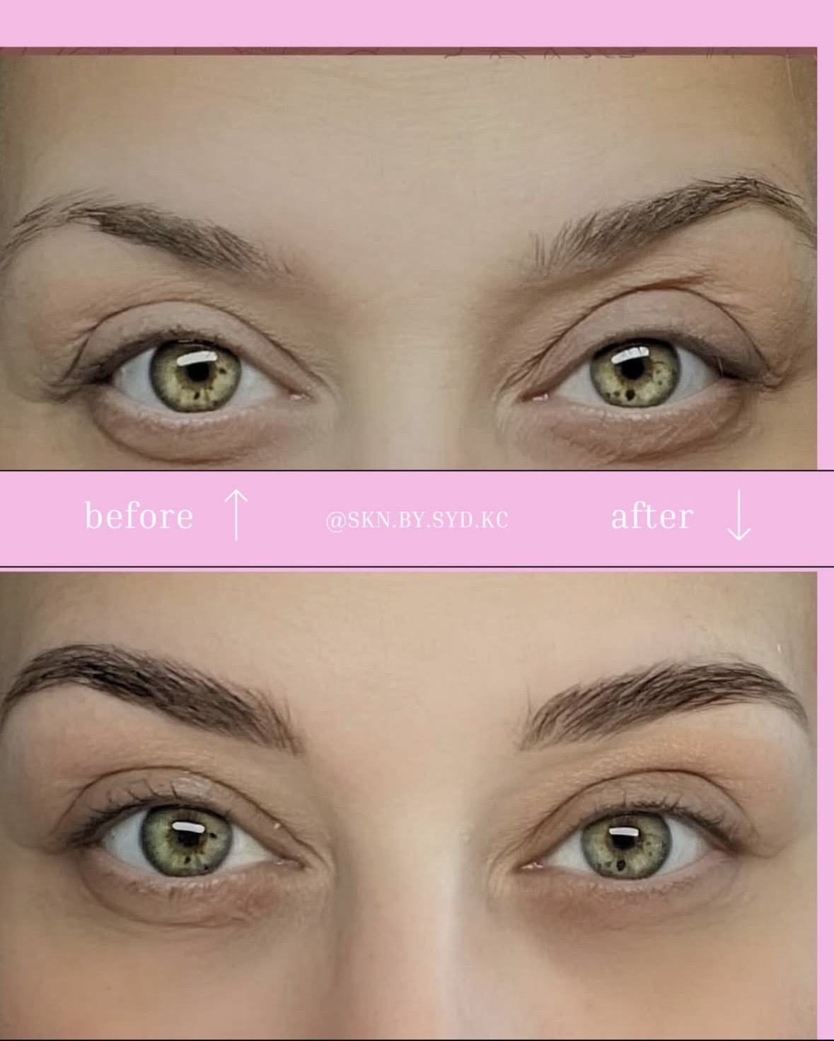 Comparison of eyebrows before and after grooming, showing fuller, shaped eyebrows in the after image.