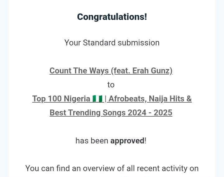 Text-based document congratulating a standard submission, mentioning a song feature, Nigeria, and trending songs, with approval status.