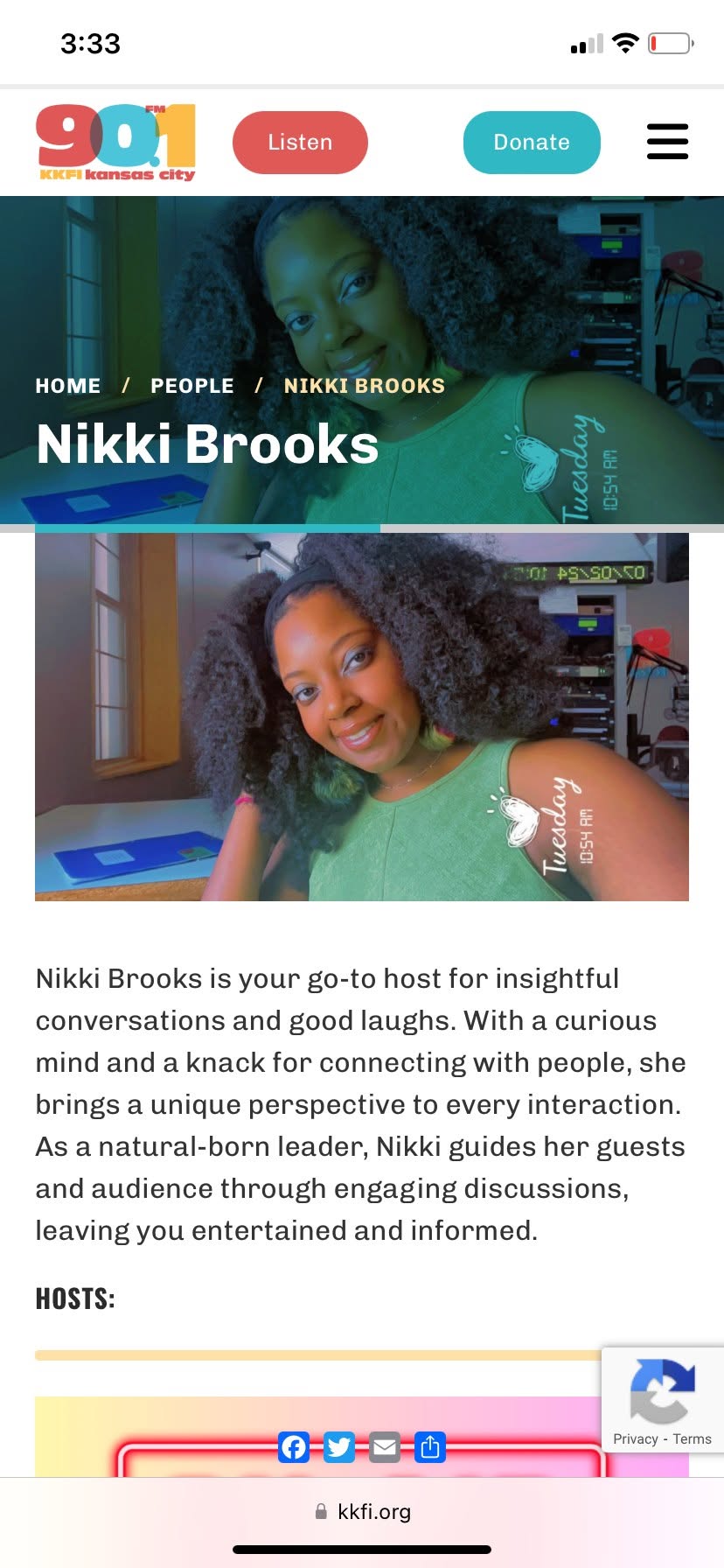 Screenshot of Nikki Brooks' website featuring a woman with curly hair smiling, text about her hosting insightful conversations, and social media icons.