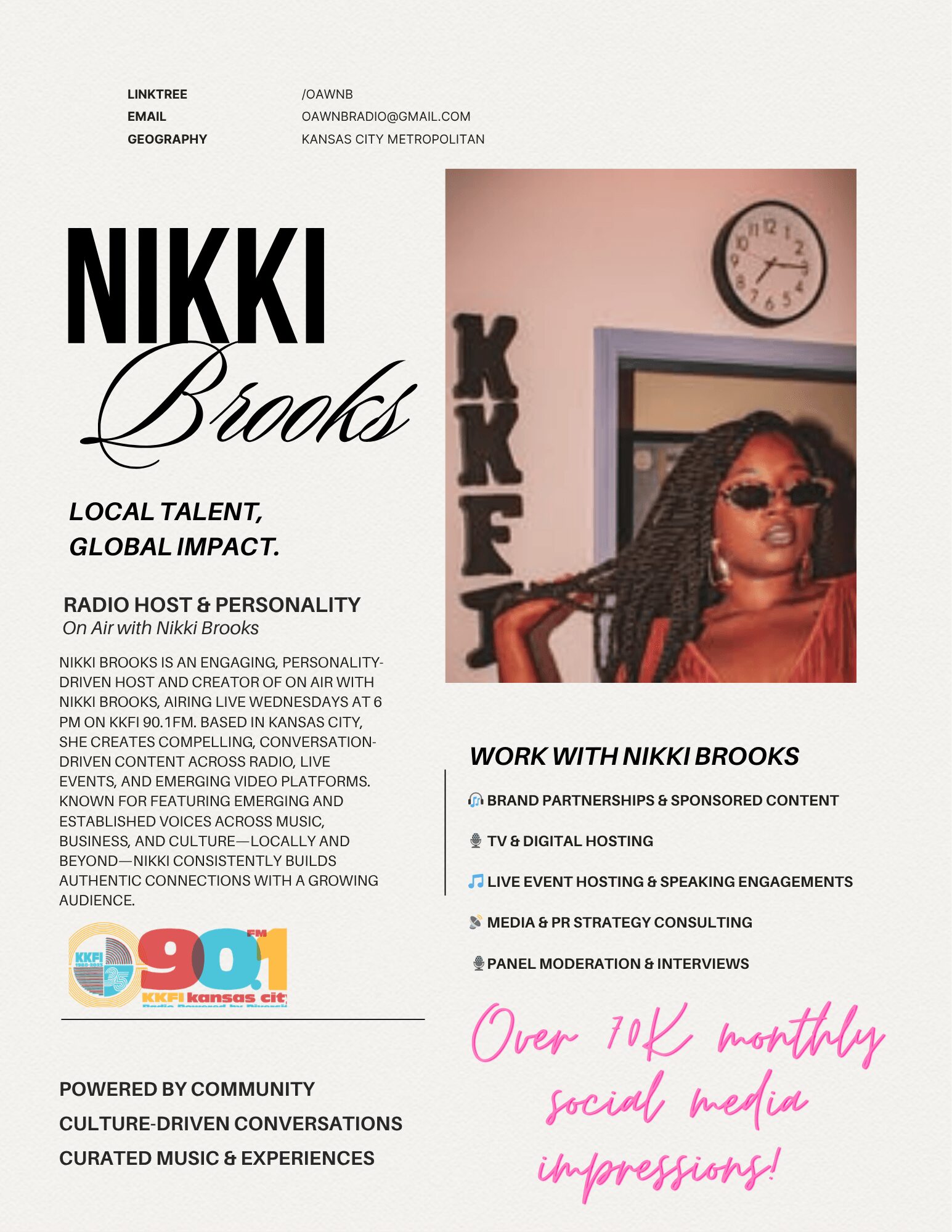 Promotional flyer featuring Nikki Brooks, a radio host, with a photo of her wearing sunglasses and a red outfit, text about her work and social media impressions.