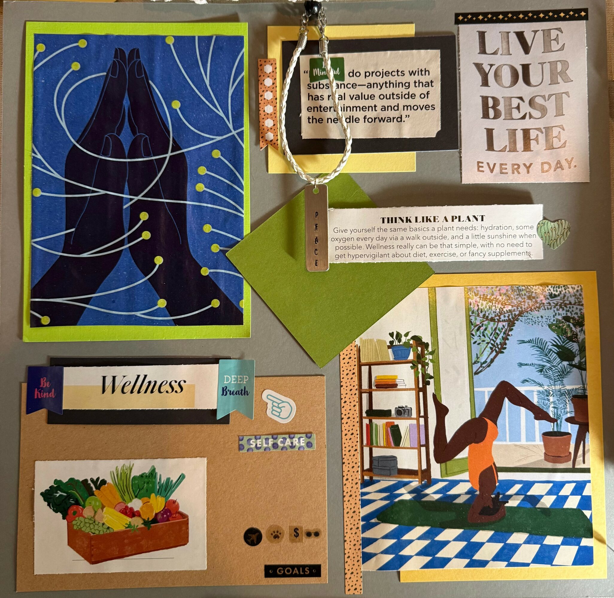 Collage of motivational and wellness images, including a person practicing yoga, a plant, and a basket of fruits.