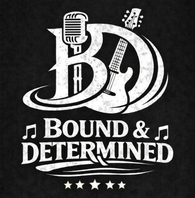 Logo with microphone, guitar, and text 'Bound & Determined' on black background.