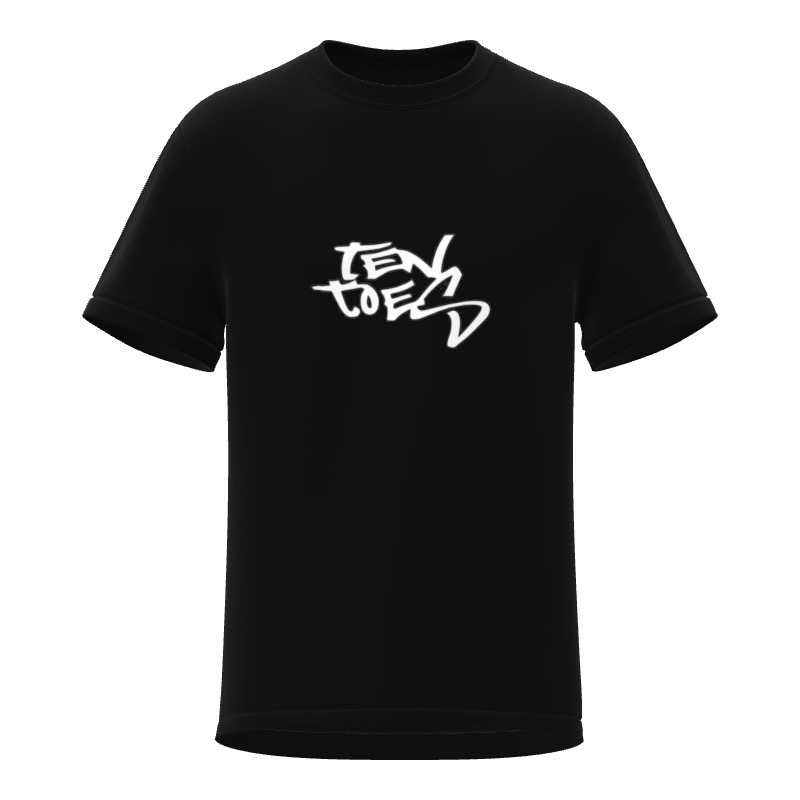 Black T-shirt with white graffiti-style text logo on front, short sleeves, round neckline.