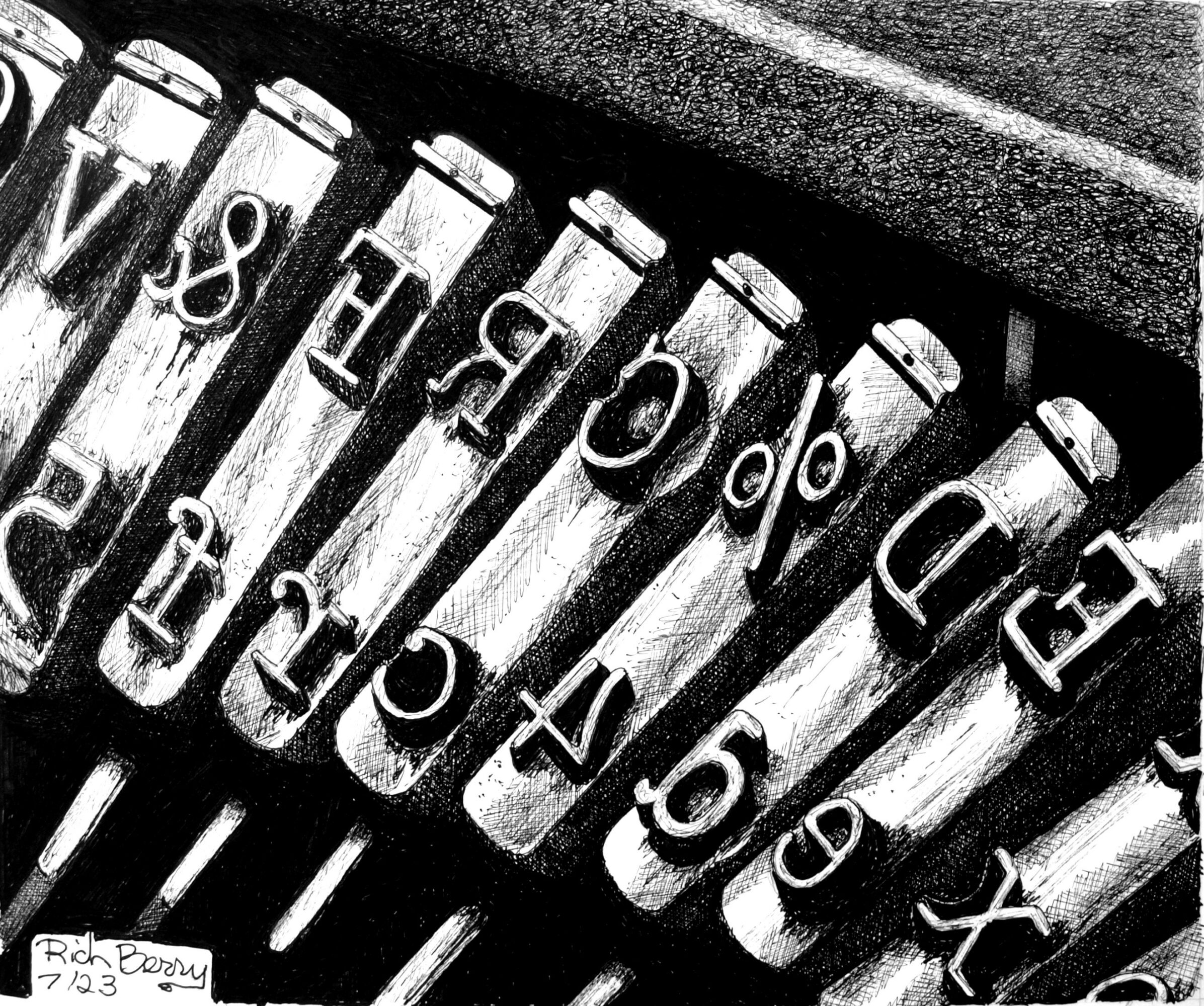 Close-up of metal type blocks arranged in a row, with some letters visible, in black and white.