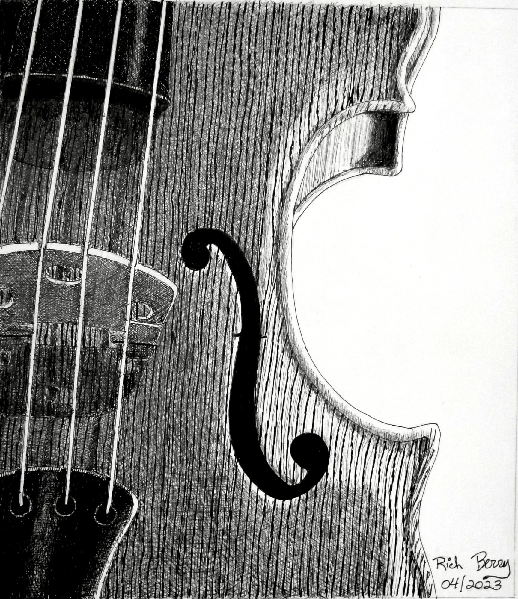 Close-up of a violin with a black f-hole, strings, and part of the bridge visible, in black and white.