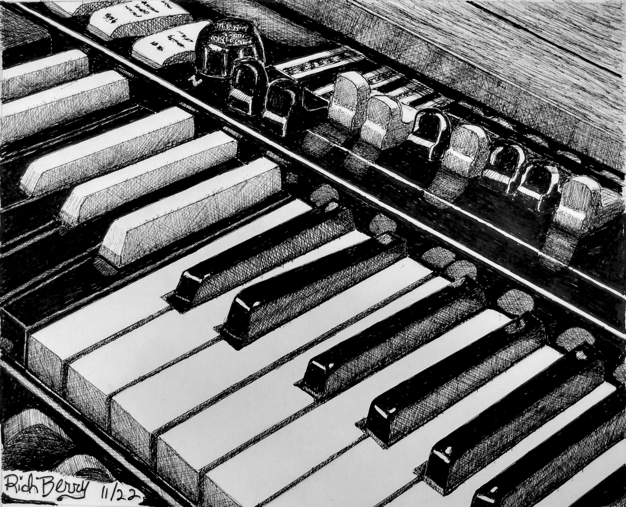 Piano keyboard with keys and tuning pegs visible, sketch style, black and white.