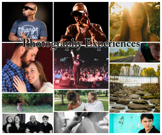 Collage of people, outdoor scenes, and a performer on stage, with text 'Photography Experiences' across the center.