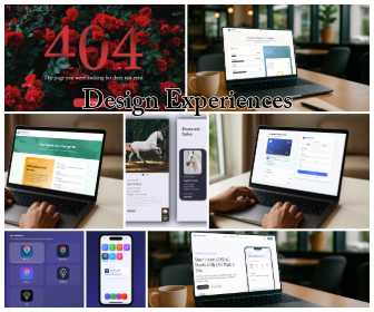 Collage of six images showing laptops, smartphones, and a website, with a background of red flowers and a workspace. Text reads 'Design Experiences'.