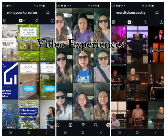 Three screenshots of social media videos featuring people, text, and colorful backgrounds, with the overlay text 'Video Experiences'.